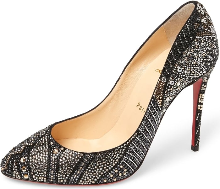 Glittering crystals in Art Deco–inspired patterns cover an almond-toe pump that offers a vintage-chic take on the season