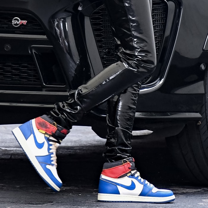 Hailey Bieber wears Air Jordan Retro 1 High “Union Los Angeles Blue Toe” sneakers