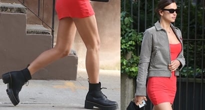 Tactiel gevoel kleding stof Klein Irina Shayk Rocks Red Mini Dress With Dr. Martens Shriver Hi 8-Eye Boots