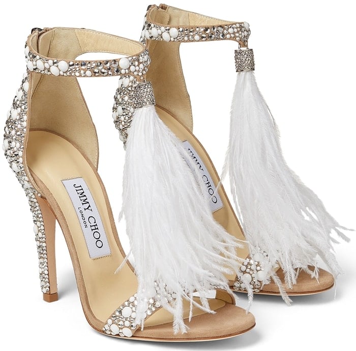 Jimmy Choo Viola White Suede and Hot Fix Crystal Embellished Sandals with an Ostrich Feather Tassel