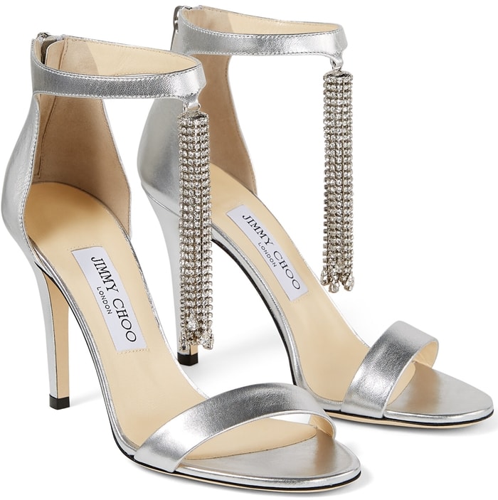 These silver metallic nappa leather sandals are crafted in Italy to a timeless double-strap shape with a stiletto heel and back zip fastening for a secure fit