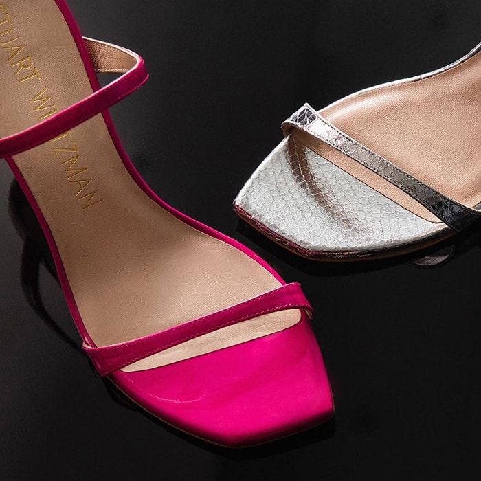 Stuart Weitzman Aleena sandals in metallic snakeskin and pink leather versions