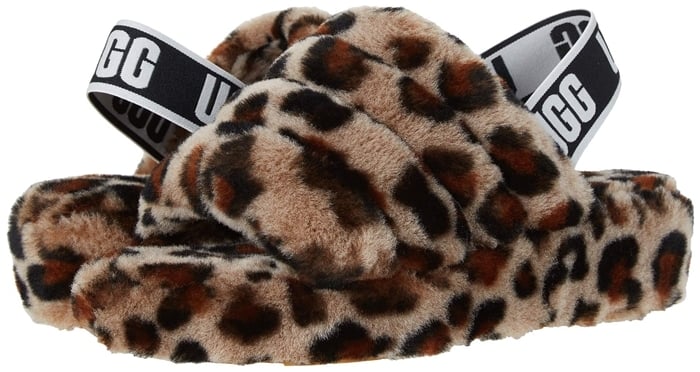 Step out in style with this genuine-shearling leopard print slingback that combines the warm-weather appeal of a sandal with the plush comfort of your favorite slipper