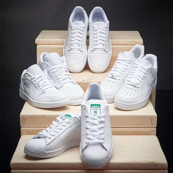 White sneakers at Eastbay from Adidas, Jordans, Puma, and Nike