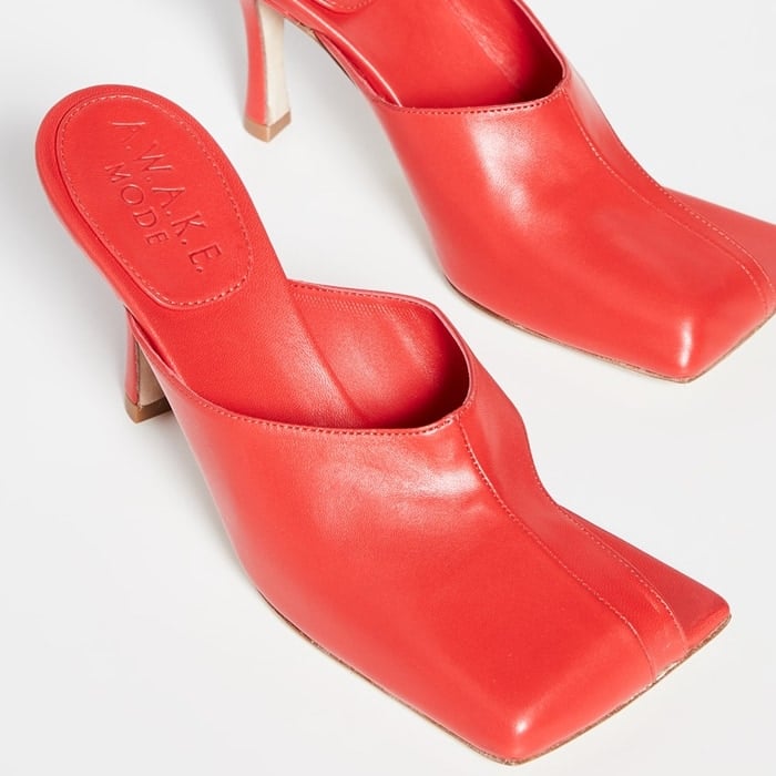 Square toe red Mary mules with asymmetrical cutout