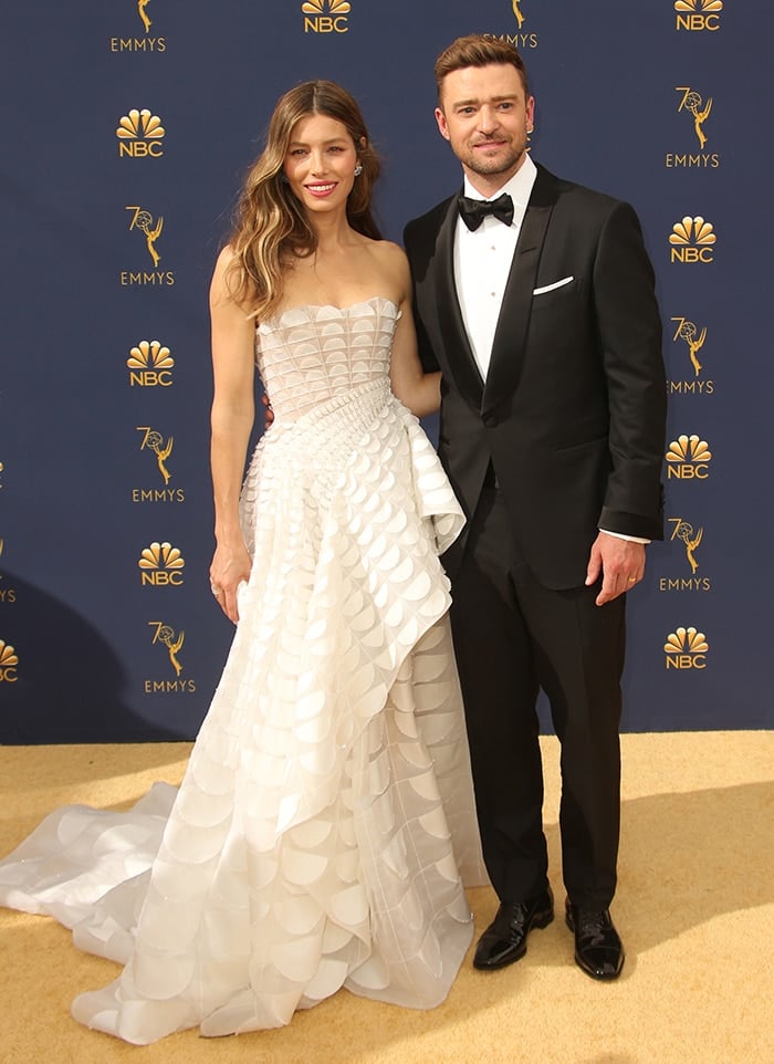 Jessica Biel stands a few inches shorter than husband Justin Timberlake at the 70th annual Primetime Emmy Awards