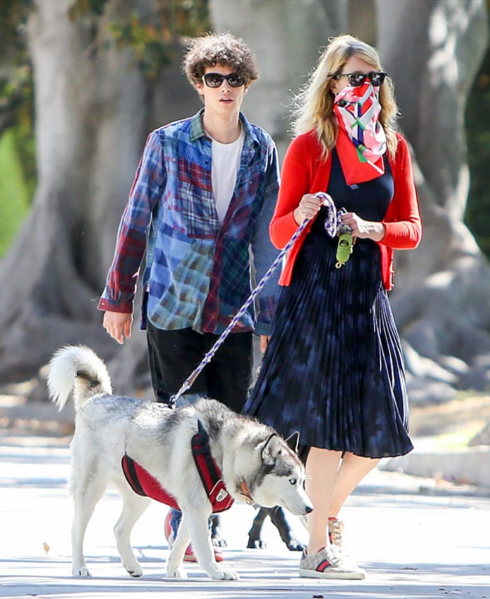 Laura Dern and her son Ellery Harper walk their dogs around their Pacific Palisades neighborhood