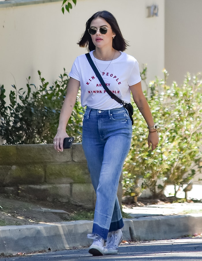 Lucy Hale teams her All Good Feels statement tee with Mother denim jeans