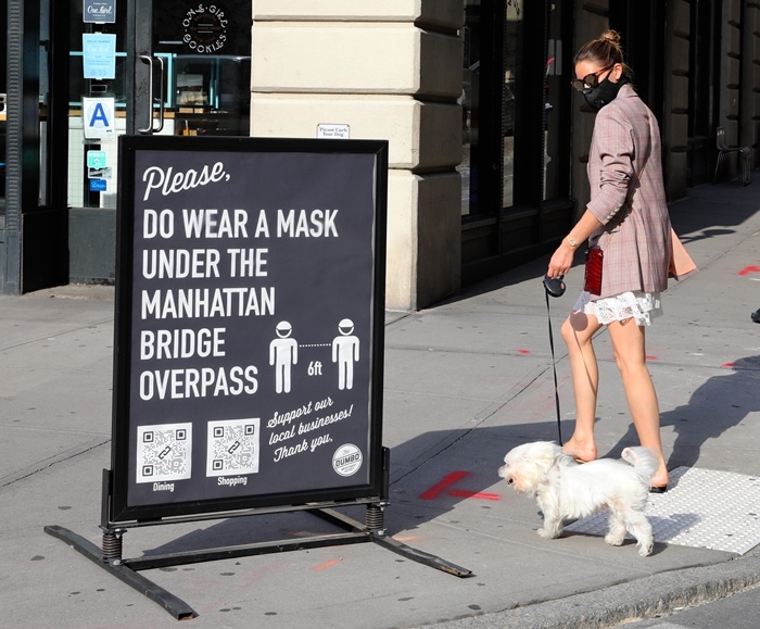 Olivia Palermo hides behind a face mask and sunglasses as she takes her dog Mr. Butler out for a walk in Dumbo