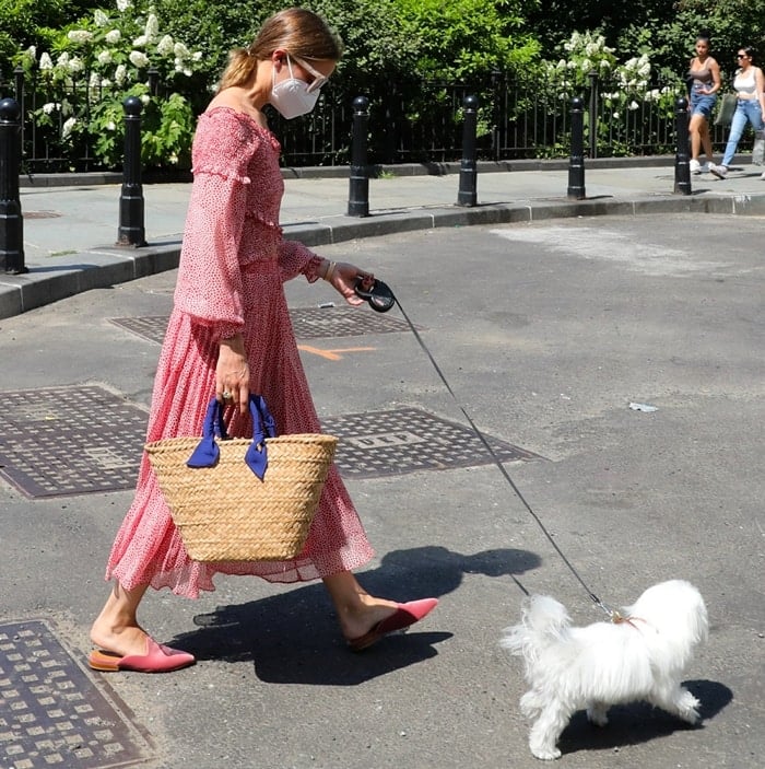 Wearing a red and white summer dress, Olivia Palermo takes her dog, Mr. Butler, out for a walk in Brooklyn