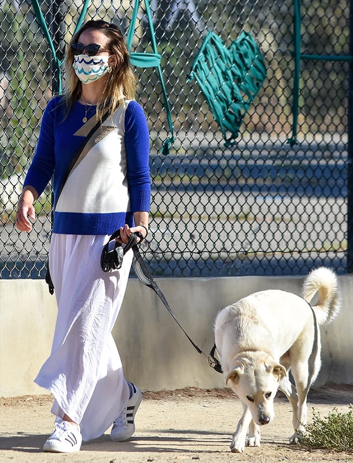 Olivia Wilde wears a wave-patterned face mask for protection against COVID-19