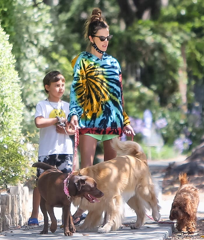 Alessandra Ambrosio wears trendy tie-dye hoodie as she walks her dogs with her son Noah