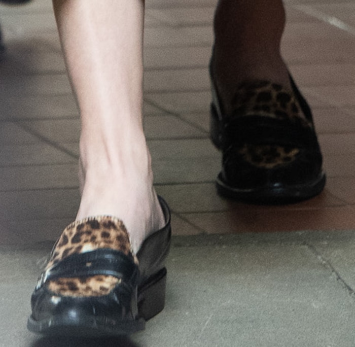 Amber Heard in Tod's leopard calf-hair penny loafers