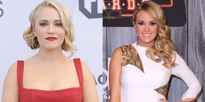 Emily Osment in a red Rachel Gilbert dress at the 2019 Screen Actors Guild Awards (L) and Carrie Underwood in an Xtreme gown at the 2014 American Country Countdown Awards (R)