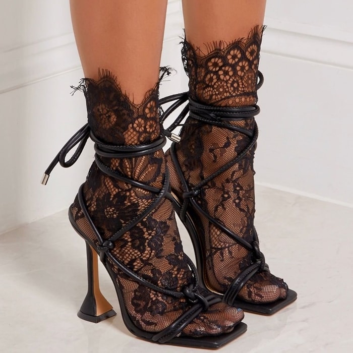 Black floral lace socks with matching ankle-strap sandals