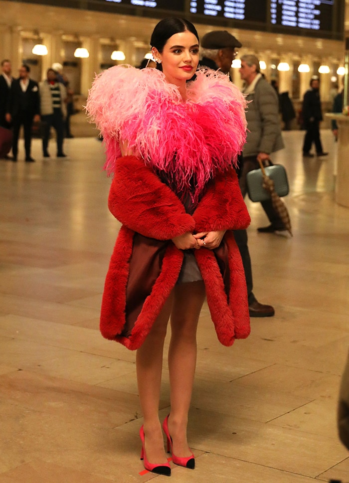 Lucy Hale wearing Saint Laurent Anja Pumps on Katy Keene set at the Grand Central Station on February 7, 2020