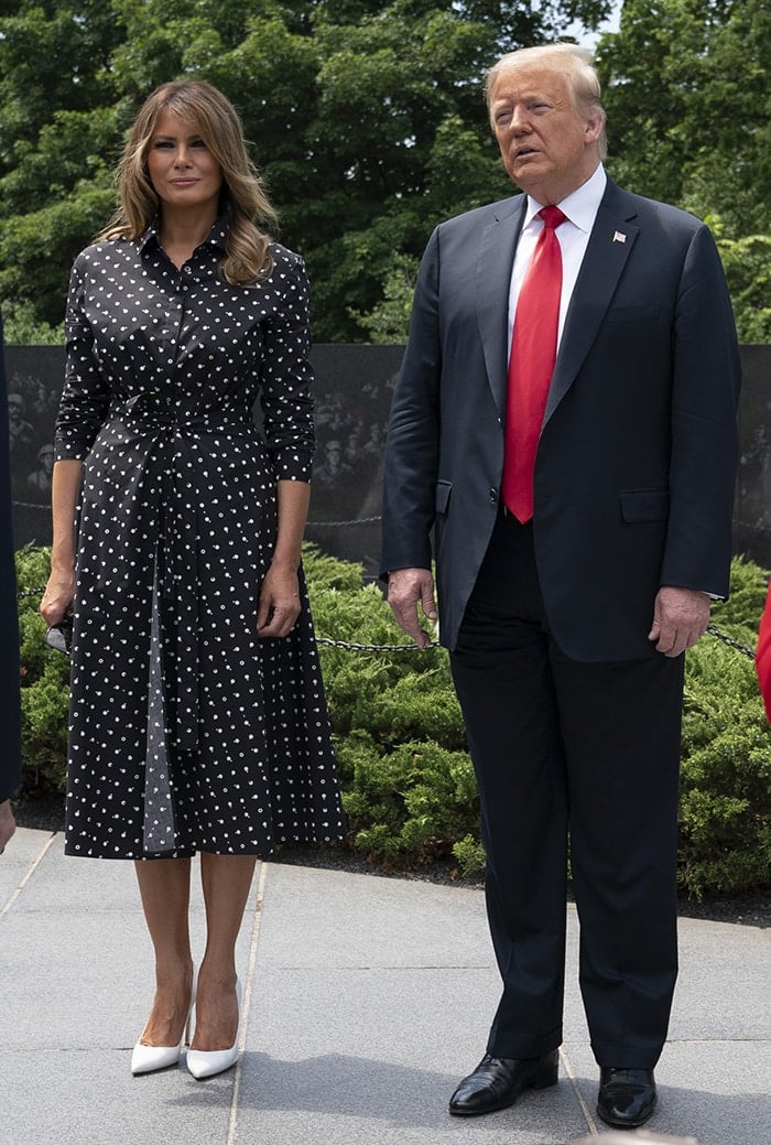 Melania Trump wears a black-and-white polka dot Rosetta Getty dress