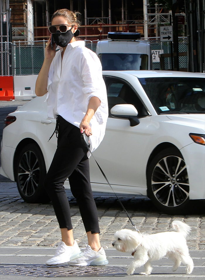 Olivia Palermo walks Mr. Butler around Downtown, Brooklyn on July 28, 2020