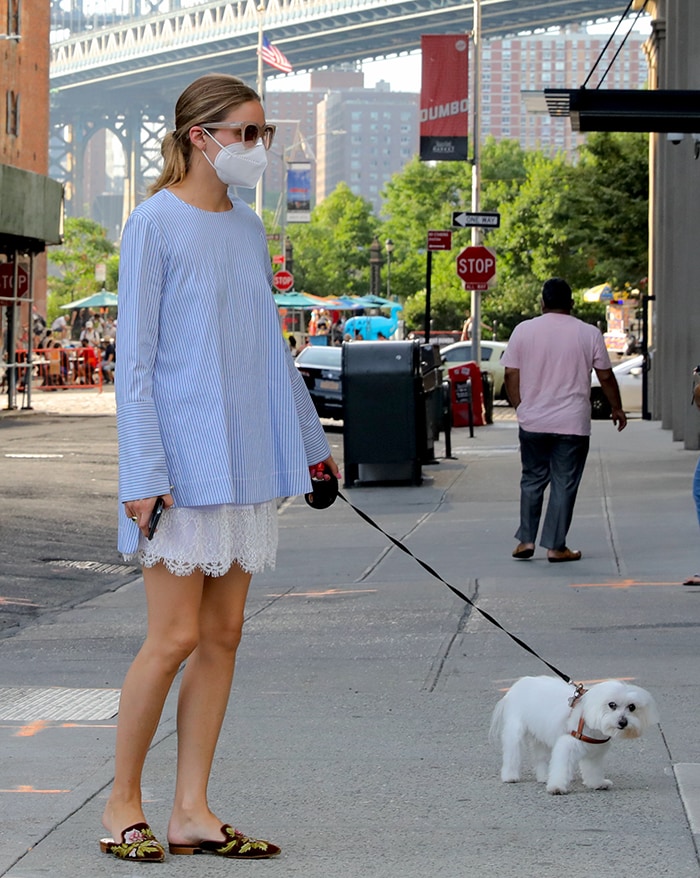 Olivia Palermo walks her dog in Dumbo, Brooklyn on July 18, 2020