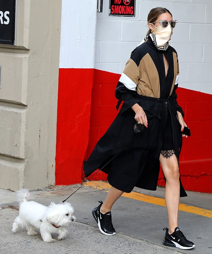 Olivia Palermo walks her dog, Mr. Butler, in Downtown, Brooklyn on July 16, 2020