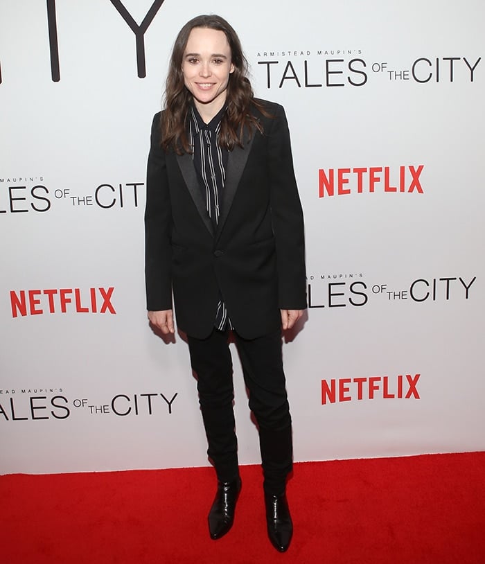 Elliot Page, then known as Ellen Page, in a black suit at the "Tales of the City" New York premiere