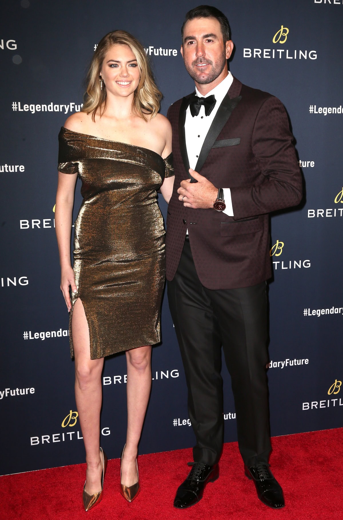 Kate Upton dazzled in gold Stella Luna pumps and a one-shoulder Haney dress, but even in heels, Justin Verlander still towered over her on the red carpet