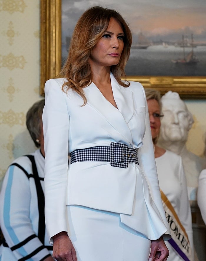 Melania Trump teams a Michael Kors Spring 2018 blazer with a Spring 2017 pencil skirt