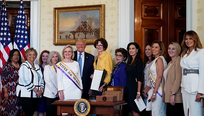 President Donald Trump and First Lady Melania Trump commemorates the 100th anniversary of the ratification of the 19th Amendment on August 18, 2020