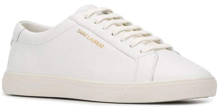 Sleek optic white leather sneakers with elegantly understated logos on the side and heel