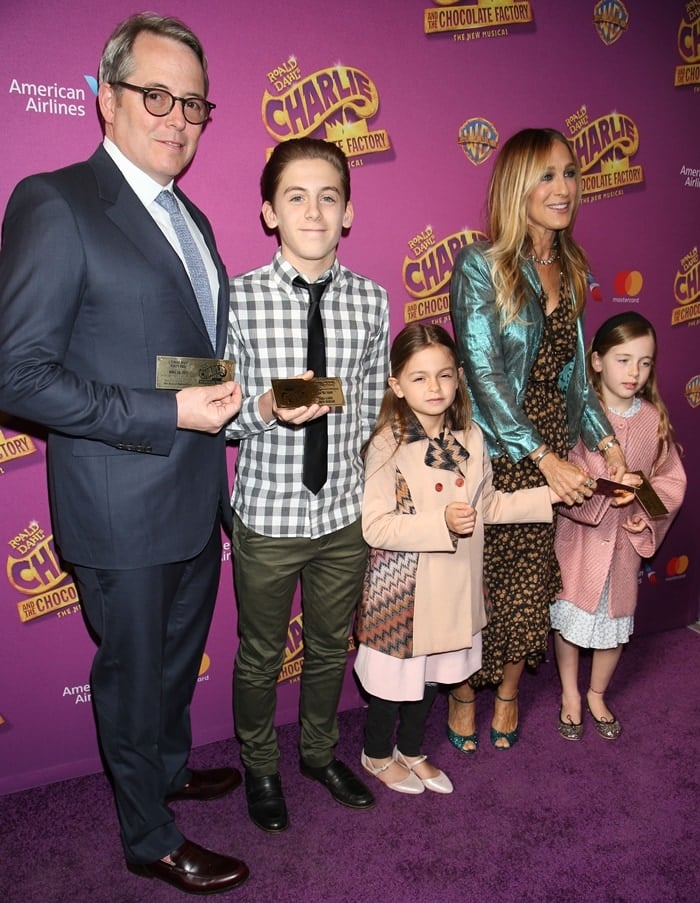 Twin sisters Tabitha Hodge Broderick and Marion Loretta Elwell Broderick with their older brother, James Wilkie Broderick, and their parents, Sarah Jessica Parker and Matthew Broderick, attending the Broadway Opening Performance After Party for 'Charlie and the Chocolate Factory'