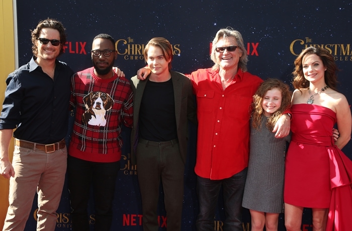 (L-R) Oliver Hudson, Lamorne Morris, Judah Lewis, Kurt Russell, Darby Camp, and Kimberly Williams-Paisley