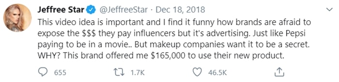 Jeffree Star claims he was offered $165,000 to use a makeup product