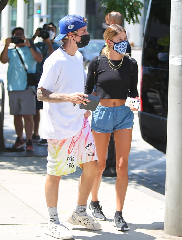 Justin Bieber wears tie-dye shorts from Russell Westbrook's Honor the Gift clothing line