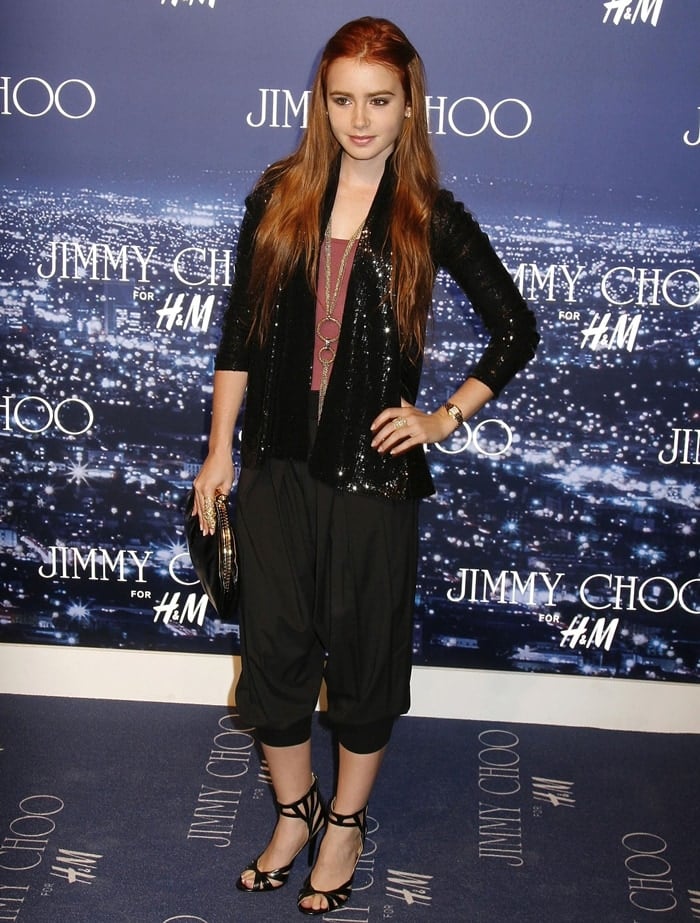 Actress Lily Collins arrives at the Jimmy Choo for H&M Collection private event