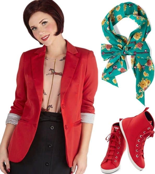 Red blazer with green scarf and sneakers