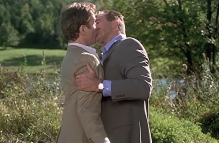 Tom Selleck's 12-second kiss with Kevin Kline in In & Out, a 1997 American comedy film, in which he plays gay on-camera entertainment reporter Peter Malloy