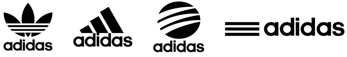 Adidas uses the trefoil logo, three stripes logo, mountain logo, and Badge of Sport logo for different product lines and regions