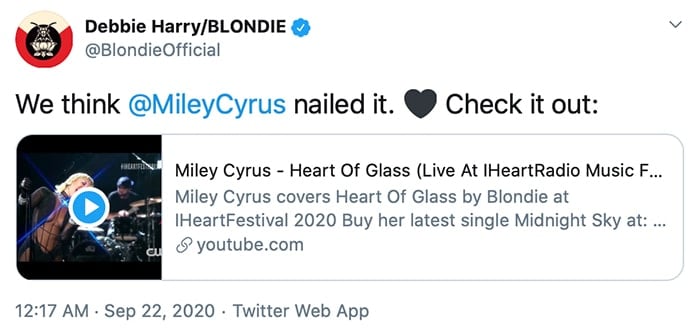 Blondie's Debbie Harry approves of Miley Cyrus' Heart of Glass performance