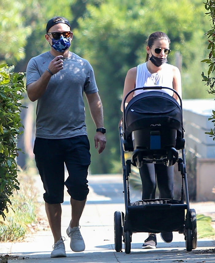 Zandy Reich and wife Lea Michele on a stroll with baby Ever Leo in Santa Monica on October 6, 2020