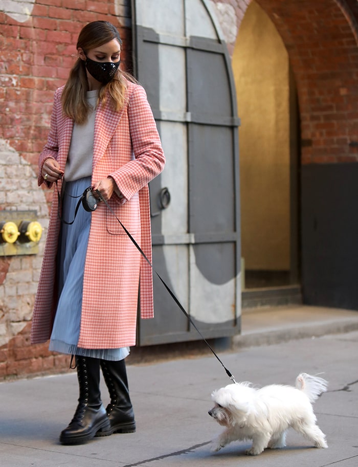 Olivia Palermo walks Mr. Butler in a chic fall outfit on October 14, 2020