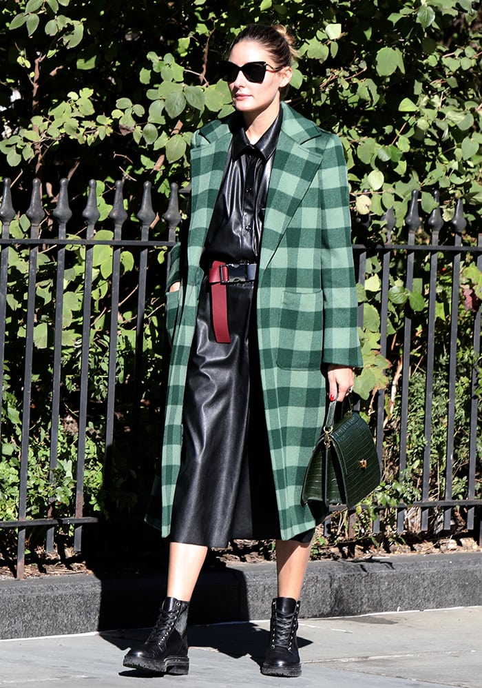 Olivia Palermo in a Max & Co. checkered green coat with a leather tunic and coated culottes