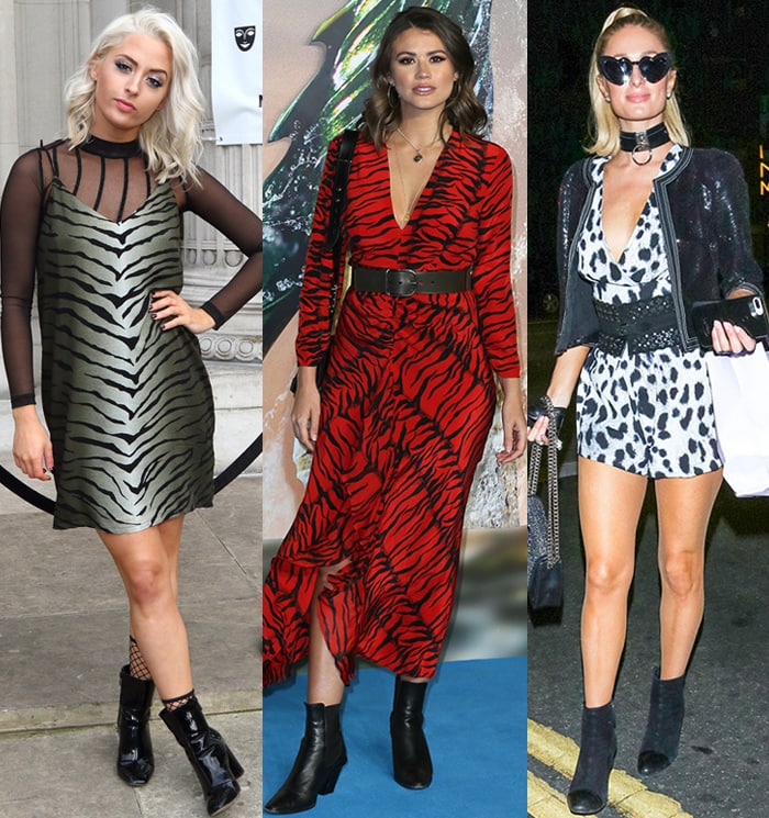 Chloe Paige, Sophie Porley, and Paris Hilton in animal-print dresses with pointed-toe ankle boots