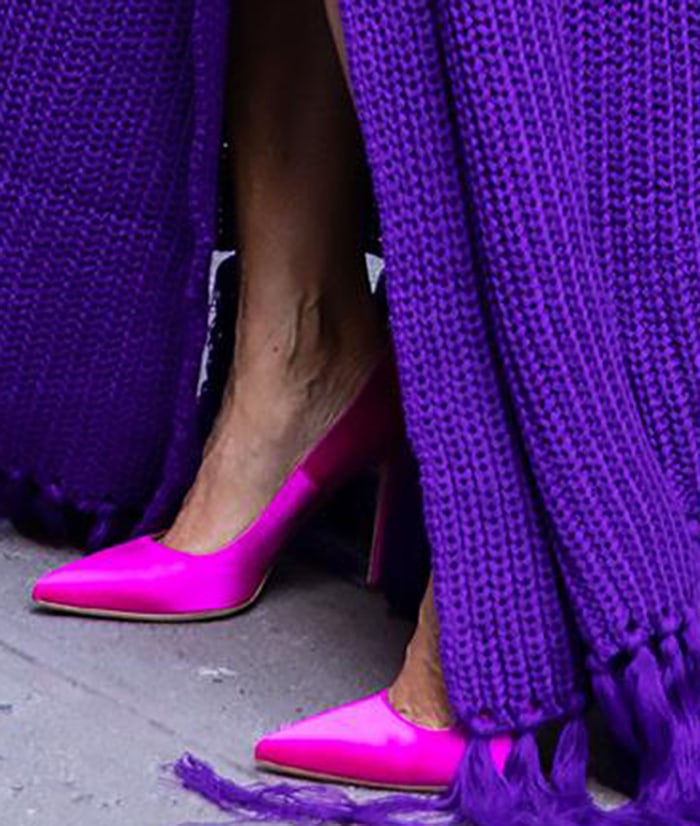 Sarah Jessica Parker teams her purple dress with pink SJP pumps