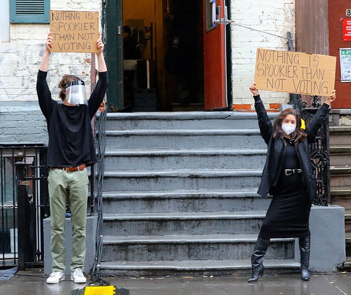 Vanessa Hudgens and Seth Phillips advocate for voting while on the set of Tick, Tick… Boom! on October 27, 2020