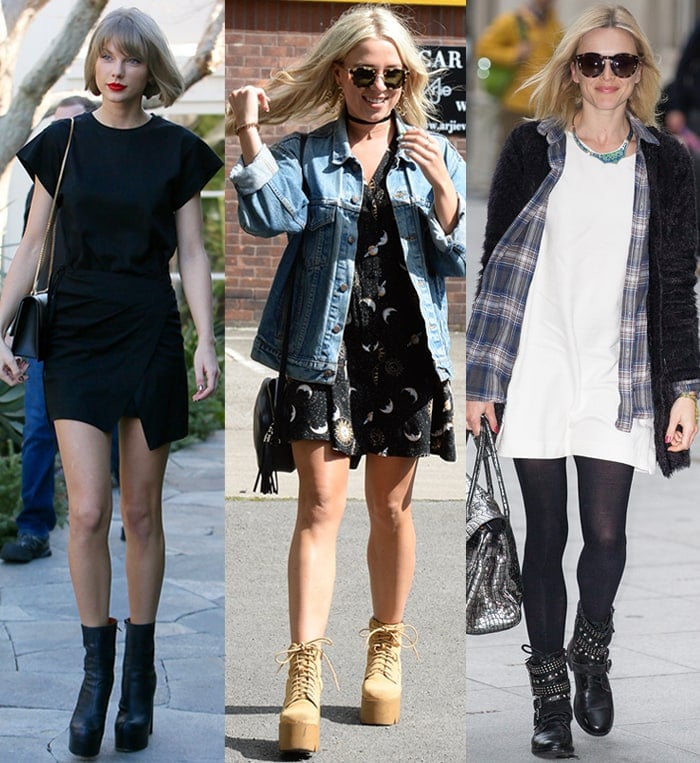 Taylor Swift, Gabby Allen, and Fearne Cotton wear minimalist mini dresses with chunky ankle boots