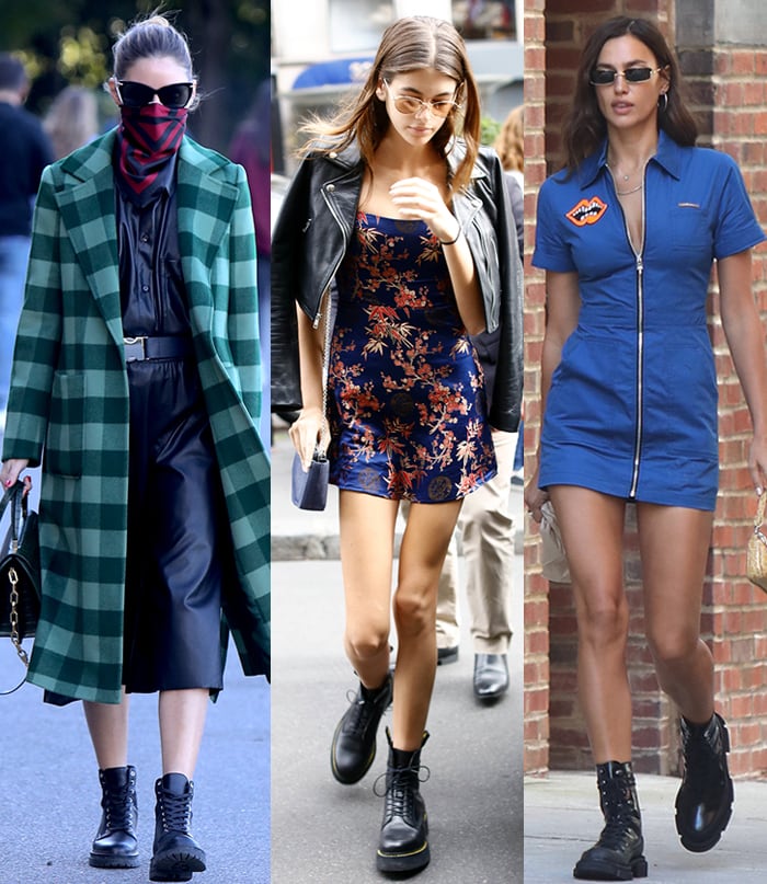 Olivia Palermo, Kaia Gerber, and Irina Shayk toughen up their feminine dresses with black combat boots