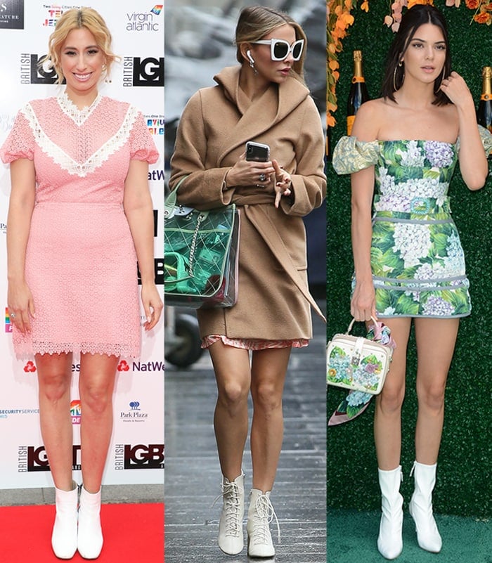 Stacey Solomon, Sophie Hermann, and Kendall Jenner wear mini dresses with white boots