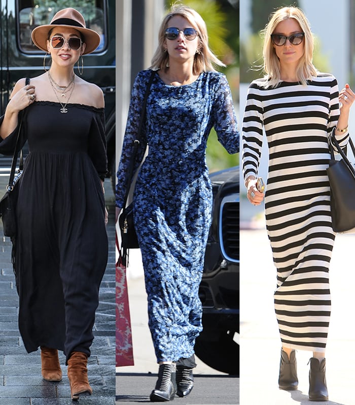 Myleene Klass, Emma Roberts, and Kristin Cavallari in maxi dresses and ankle boots