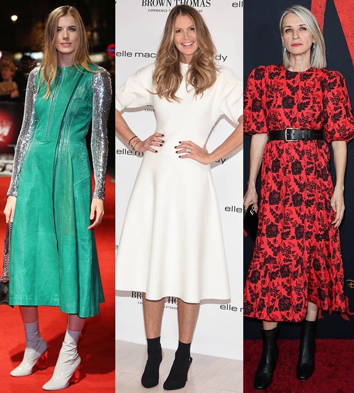 Agyness Deyn, Elle Macpherson, and Ever Carradine wear midi dresses with ankle boots