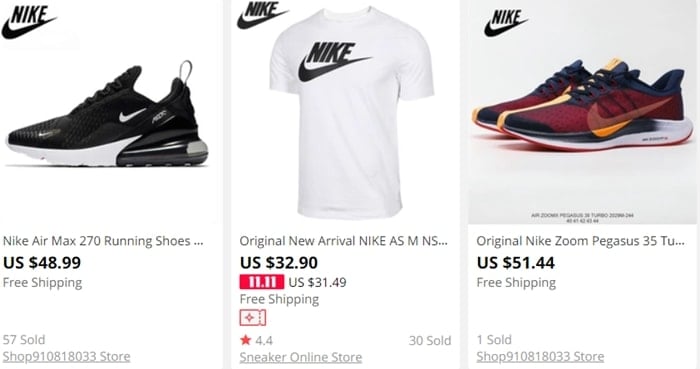 Nike Pegasus and Air Max 270 shoes are selling for around $50 on AliExpress